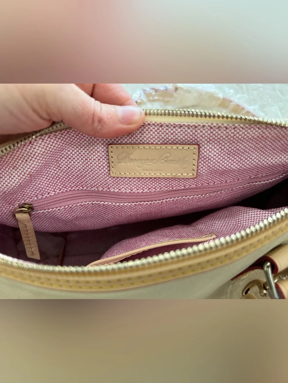 Dooney & Bourke Cream Leather Satchel with Tan Trim and Navy Tag Accent